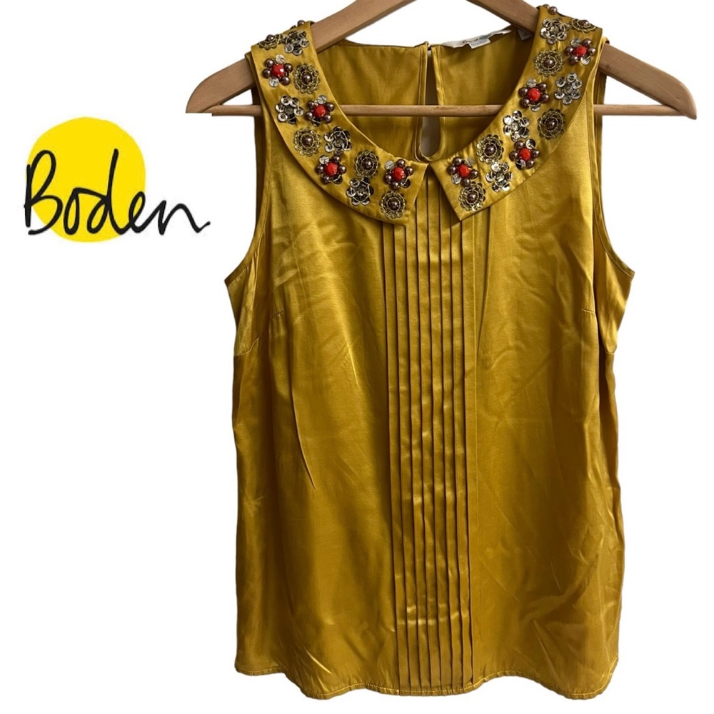 BODEN Silk Blend Embellished Collar Sleeveless Gold Blouse Tank Top Sz US 2 UK 6